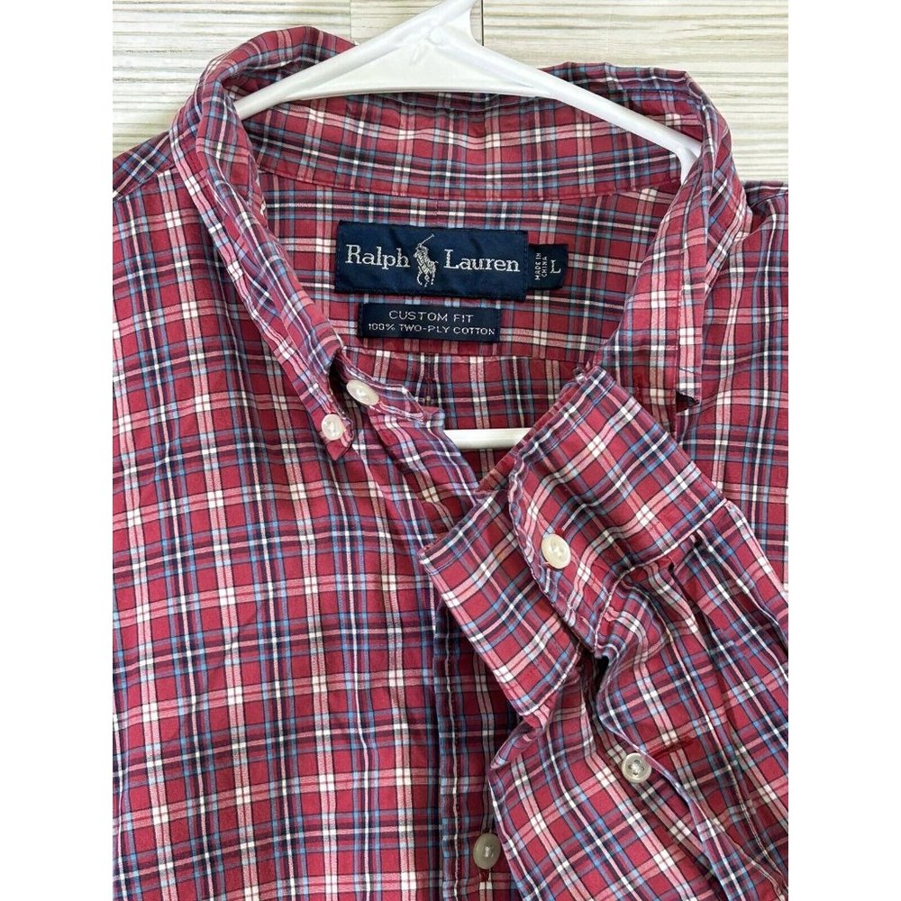 Ralph‎ Lauren Shirt Mens Sz Lg Red Nvy White Checked Long  Sleeve Button Down